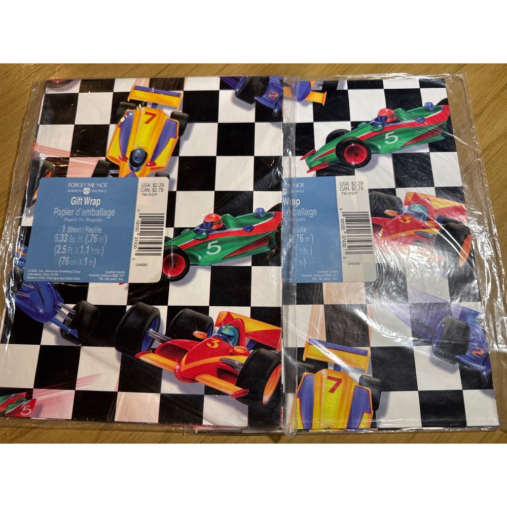 Vintage American Greetings Race Car Gift Wrap 2 Packs Checkered Flag FW-4187P